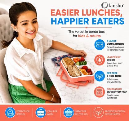kinsho Bento Lunch-Box for Adults Kids Lunches, Portion Control Container Boxes for Women Girls Boys | Leak-Proof Snack Containers, BPA-Free Utensils 5 Compartments | Blue & Green 2 Pack Set