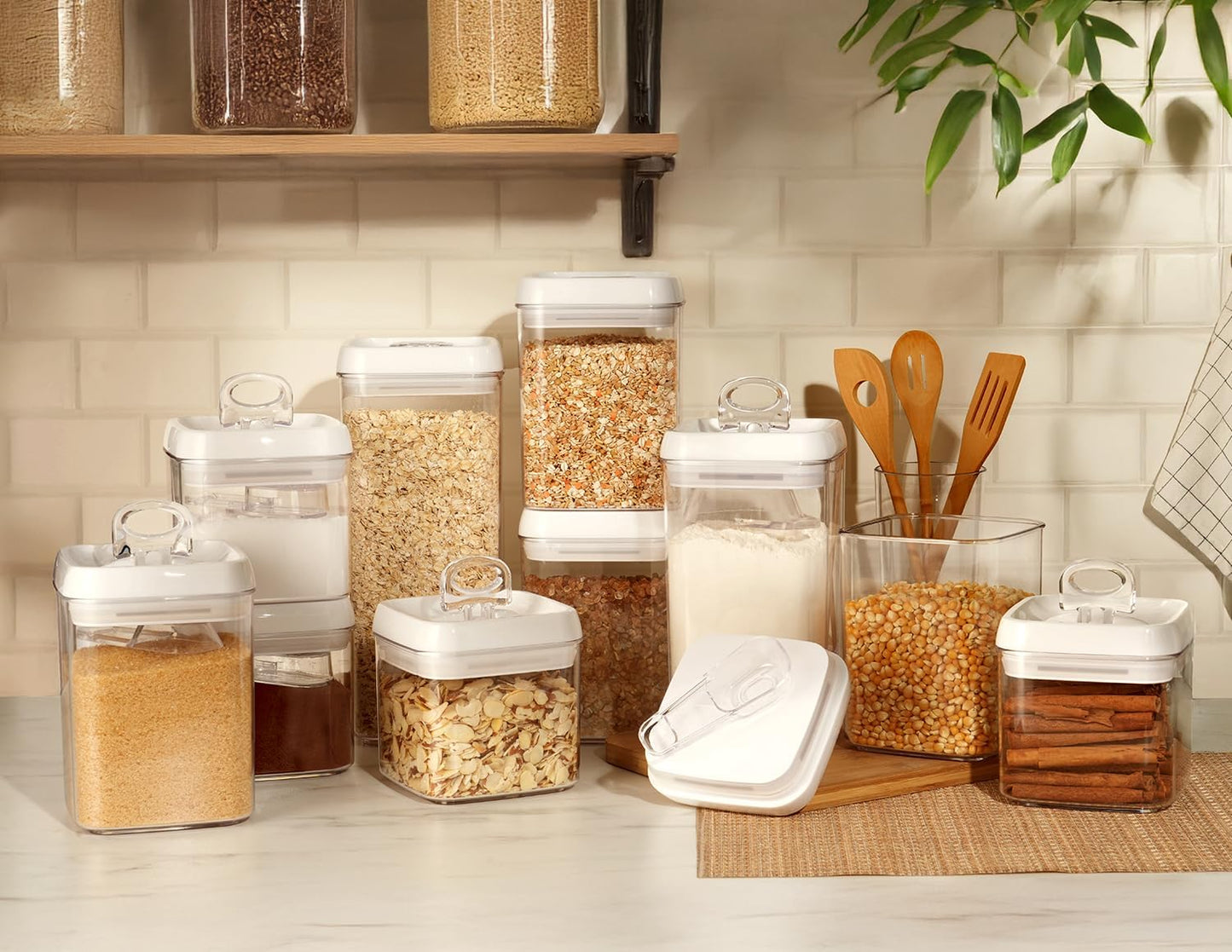 Felli Flip Tite Acrylic Food Storage Container with Lid 6” XL Air Tight Ring Seal Flip Top, Plastic Kitchen Baking Canister for 5 lb Flour Sugar Rice Protein Powder Pantry Organizer (Nest-M, White)