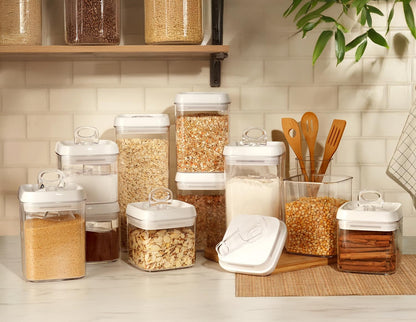 Felli Flip Tite Storage Container with Lid 4” RECTANGULAR Airtight Ring Flip Top, Stackable Kitchen Counter Pantry Organizer Acrylic Canister Jar for Pasta Spaghetti Cereal Granola Coffee (1.9qt)