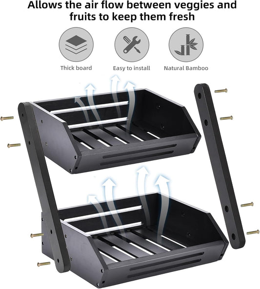 VIKEYHOME Fruit Basket, 2 Tier Bamboo Fruit Basket for Kitchen, 11" Tall Fruit Stand Storage Holder, Heavy Duty/Large Capacity for Vegetables, Fruit, and Snack, 15 mm Thickness (Self-assembly)