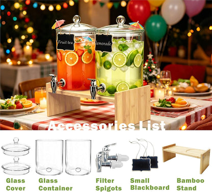 Glass Drink Dispenser with Bamboo Stand & Lid,2 Pack 1.3 Gallon Large Beverage Dispenser with Spigot,Iced Tea Water Juice & Lemonade Dispenser for Parties,Dishwasher Safe