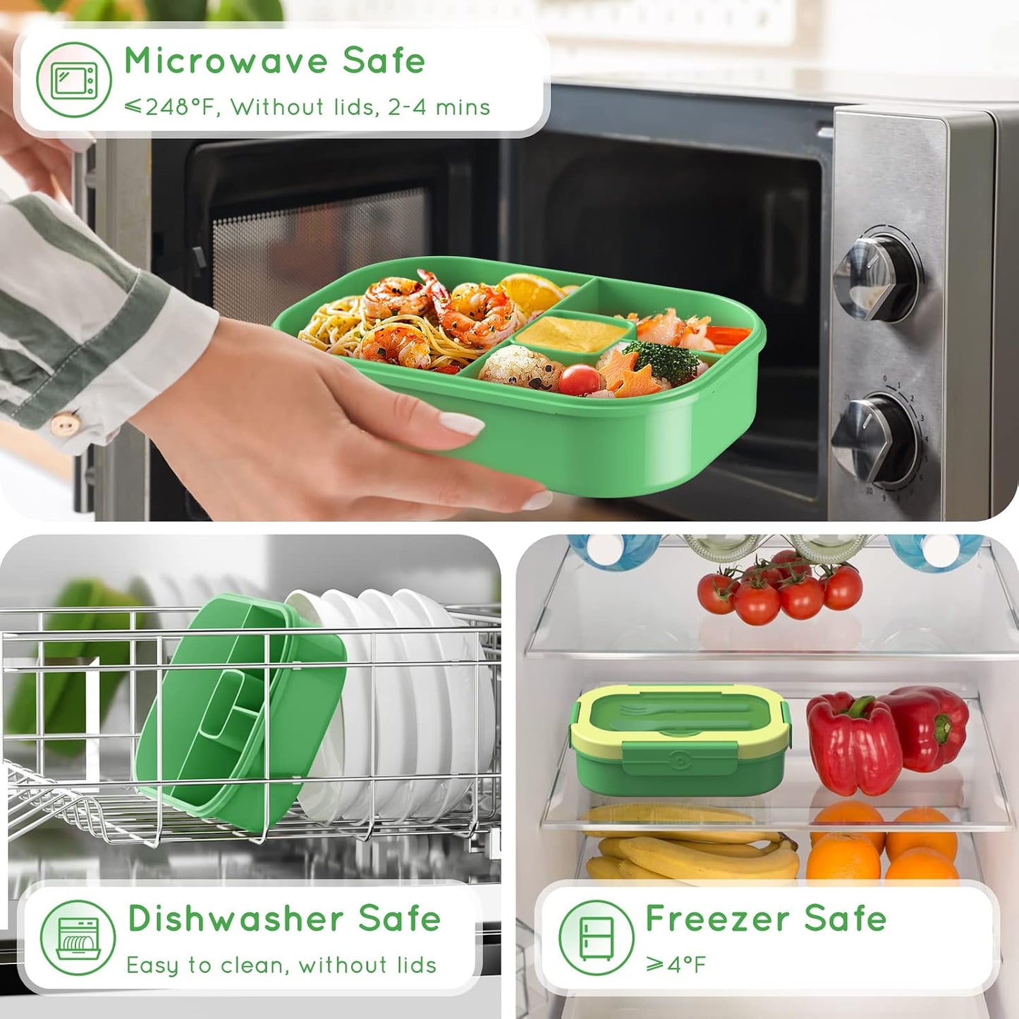 Lunch Box Kid Adult Bento Box, 4-Compartment Food Lunch Containers with Fork & Spoon, BPA Free, Leak-Proof Bento-Style Lunch Box for Work School, Microwave & Dishwasher Safe (Candy)