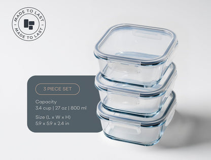 Glass Food Storage Containers with Lids| 3 Pack Square Set 27oz/3.4cup | Glass Meal Prep Containers | Non-Toxic & Airtight | Glass Containers with Lids | Oven, Freezer & Dishwasher Safe