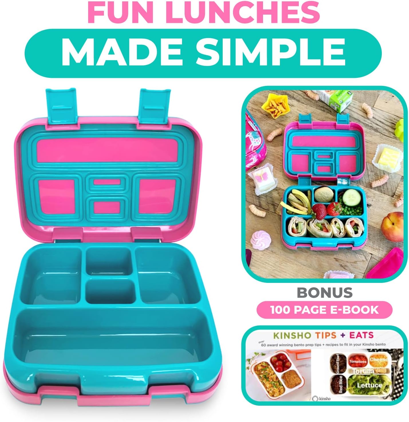 Kinsho Bento Lunch Box for Kids Toddlers, 5 Portion Control Sections, BPA Free Removable Plastic Tray, Pre-School Kid Toddler Daycare Lunches, Snack Container Ages 3 to 7 (Blue Space Rockets)
