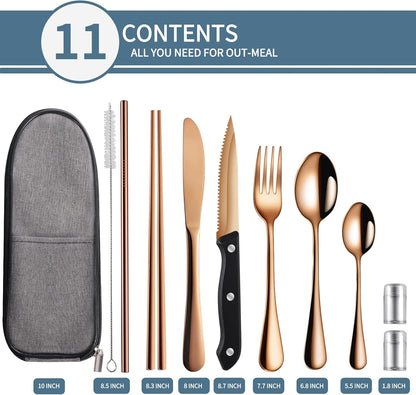 Logcow Travel Utensils Set with Case, 10-Piece Reusable Stainless Steel Camping Cutlery, Portable Fork Spoon Knife Chopsticks & Straw for Work, Lunch, Picnic (Rainbow)