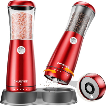 Electric Salt and Pepper Grinder Set - Automatic Stainless Steel Rechargeable Salt and Pepper Grinder Set with Storage Base, Large Capacity, LED Light & Adjustable Coarseness, Ideal Kitchen Gadget