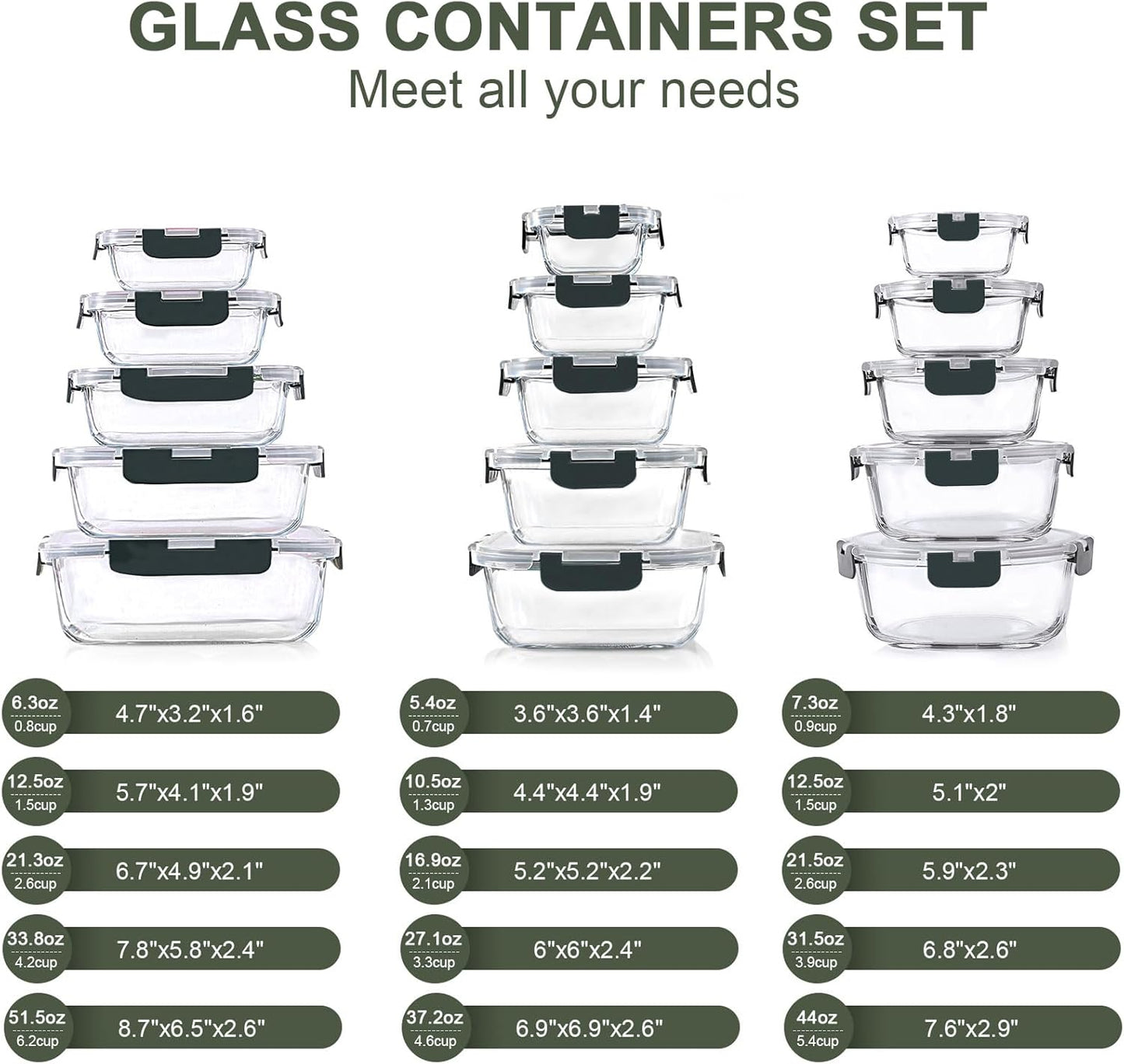 30 Pieces Glass Food Storage Containers, Meal Prep Set with Snap Locking Lids, Airtight lunch Containers, BPA-Free, Microwave, Oven, Freezer & Dishwasher Friendly,Blue