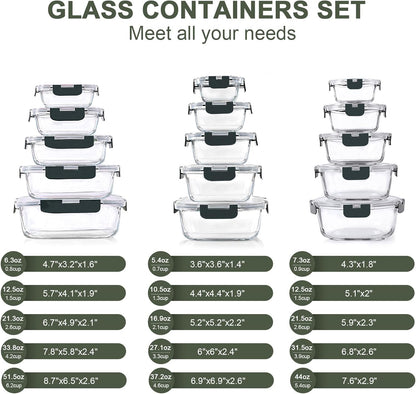 30 Pieces Glass Food Storage Containers, Meal Prep Set with Snap Locking Lids, Airtight lunch Containers, BPA-Free, Microwave, Oven, Freezer & Dishwasher Friendly,Blue
