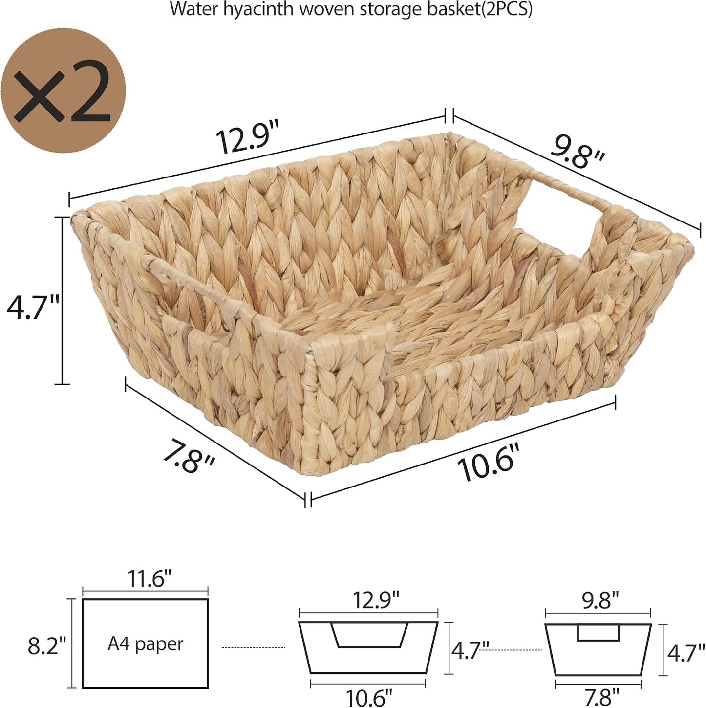 2-Pack Handwoven Wicker Basket, Natural Water Hyacinth Storage Baskets with Built-in Handles, Stackable Organizers for Pantry, Bedroom, Bathroom, Kitchen