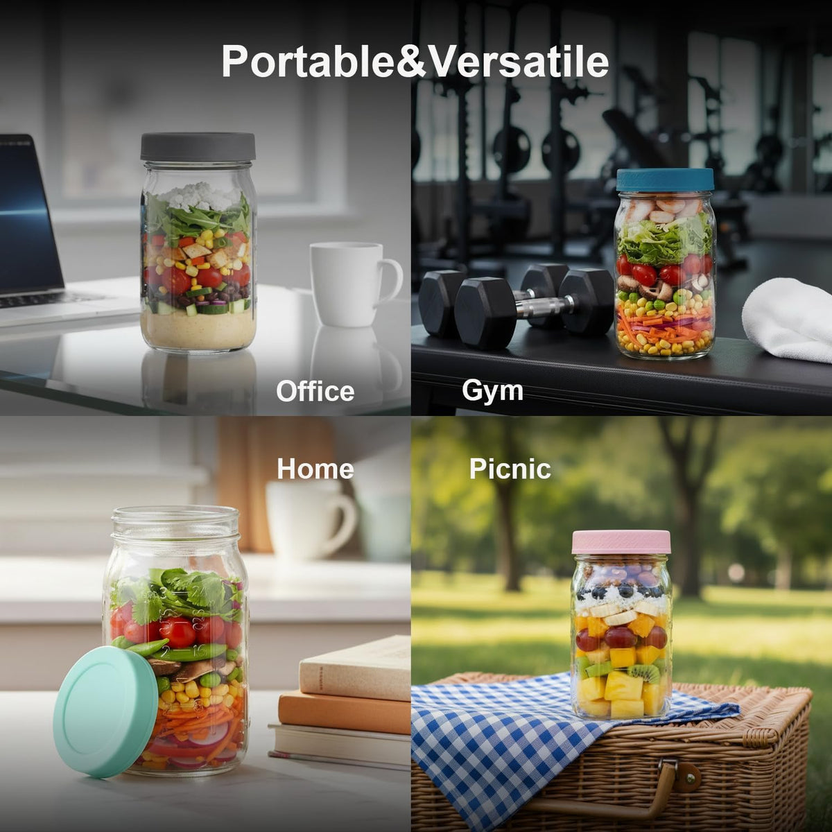 ComSaf 32oz Glass Salad Jars for Meal Prep 4-Pack, Round Mason Salad Jars with Dressing Cup & Leakproof Lid, Anti-Soggy Salad Shaker for Office & Fitness, Precision Portion Control, Wellness
