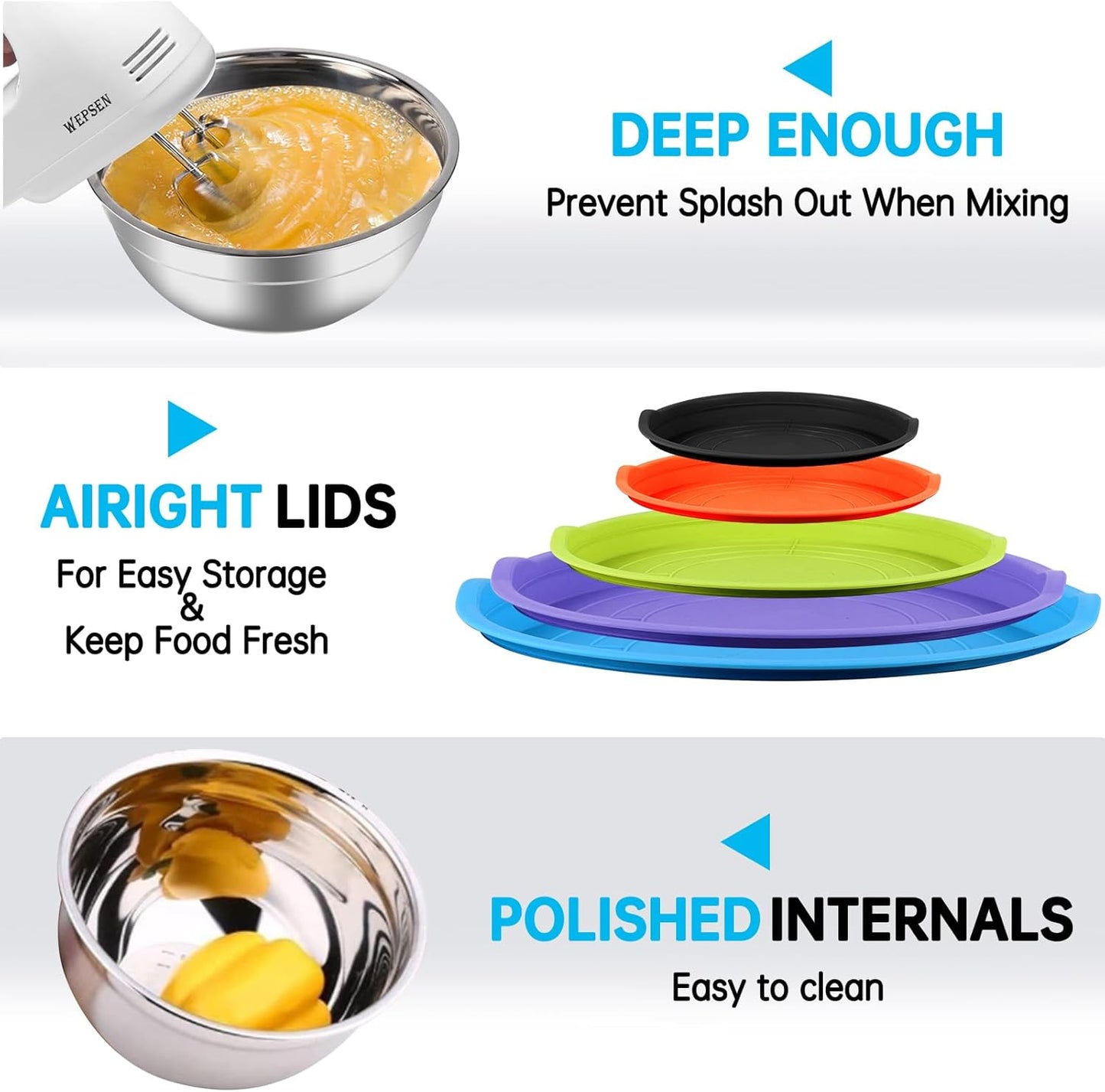 WEPSEN Mixing Bowls Set, 25PCS Stainless Steel Mixing Bowl with Lid Set, Large Nesting Bowls 7, 4.5, 3,2, 1.5QT, Measuring Cups and Spoons Baking Utensils Metal Bowl for Kitchen Prep
