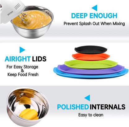 WEPSEN Mixing Bowls Set, 25PCS Stainless Steel Mixing Bowl with Lid Set, Large Nesting Bowls 7, 4.5, 3,2, 1.5QT, Measuring Cups and Spoons Baking Utensils Metal Bowl for Kitchen Prep