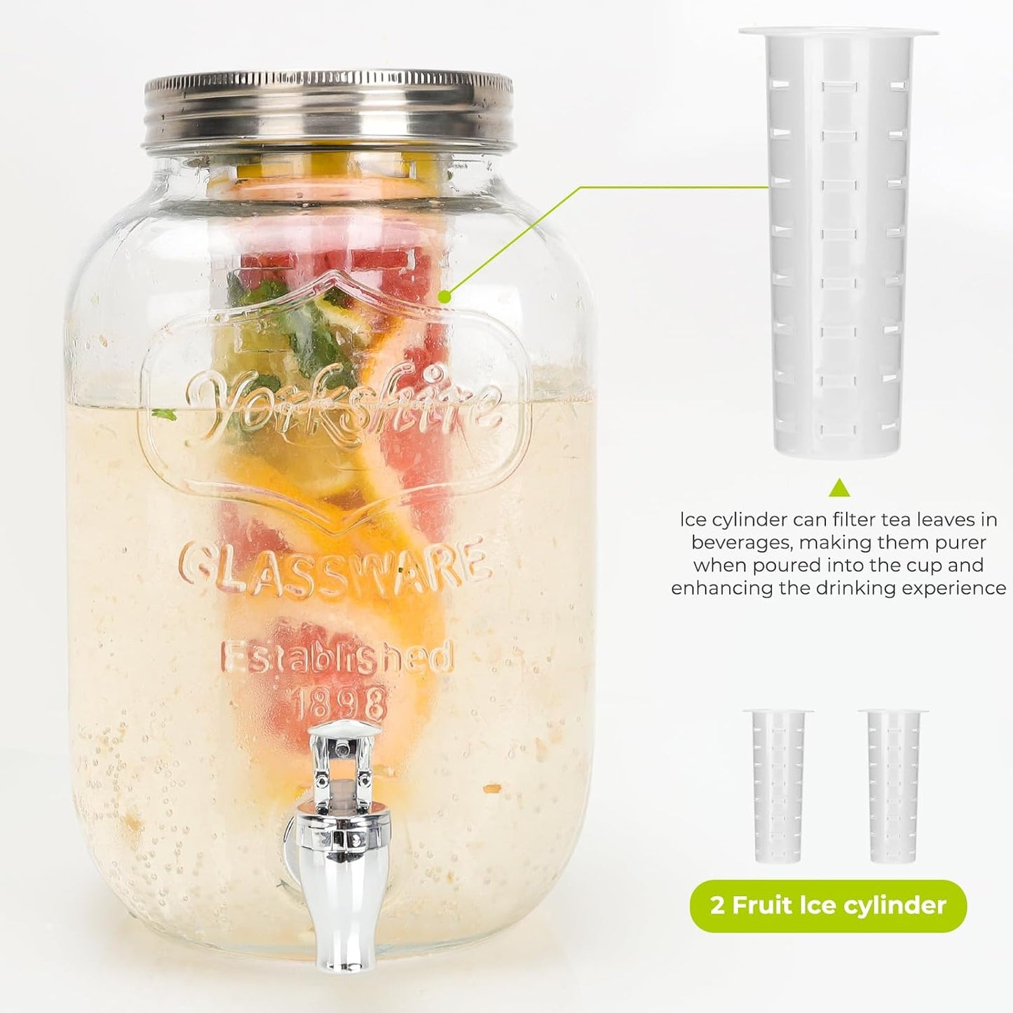 DHSBTLS 2 Gallon Glass Drink Dispensers, 1 Pack Clear Beverage Dispenser for Party, BBQ and Picnic, Juice Dispenser with Ice Core, Black Stand, Spigot, Markers and Chalkboard