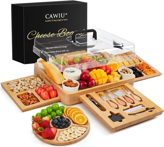 CAWIU Charcuterie Board with Lid – Large Bamboo Cheese Board Set with Utensils & Drawers – Housewarming, Wedding Gifts for Couples, Serving Tray with Cover (Cream)