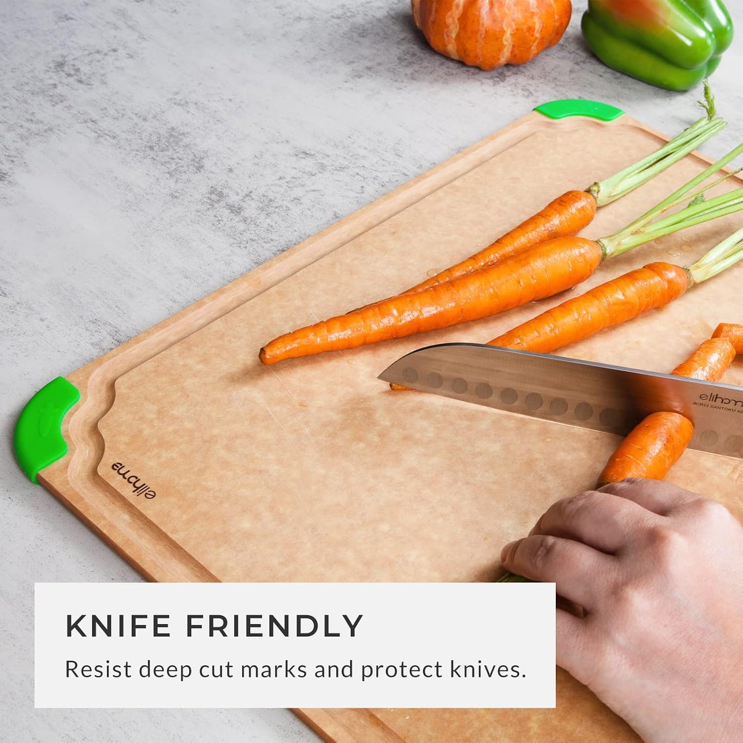 Elihome Premium Series 2-in-1 Kitchen Cutting Board Set, Non Slip Feet, Color Coded with Food Icon, Natural Wood Fiber, Dishwasher Safe, Eco-Friendly, Juice Grooves,Non Porous, BPA Free, Made in USA