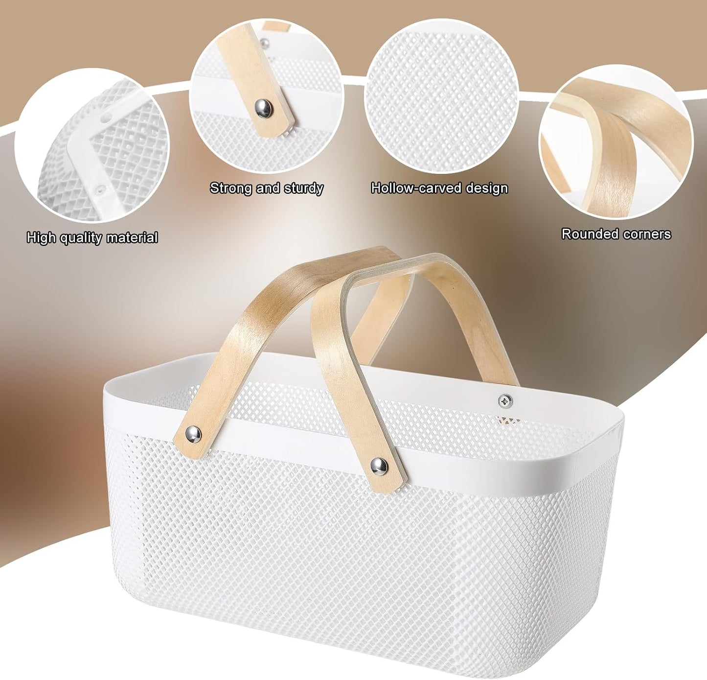 Sadnyy 4 Pcs Plastic Mesh Garden Harvest Basket Storage Basket with Wooden Handle Multi Functional Mesh Bin for Kitchen Cabinet Picnic Fruit Vegetable Gathering Organizer(Large,White)