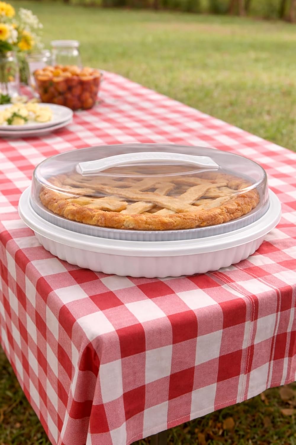2 Plastic Pie Carriers with Lids – Fits 10 Inch Pie, Clear Dome with White Fluted Base, Lightweight Freezer Safe Slide Lock Lid with Handle for Storage & Transport