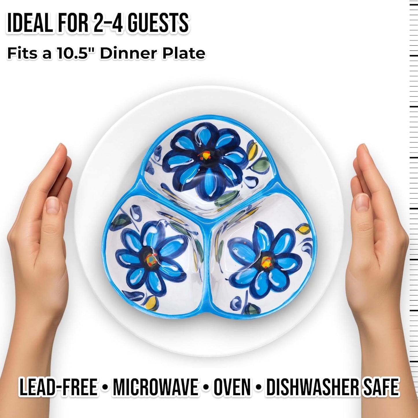Ceramic Chip & Dip Bowl 7.5”, 3-Compartment Divided Serving Dish & Condiment Tray for Appetizers – Handmade in Spain, Lead-Free Glaze, Microwave, Oven & Dishwasher Safe