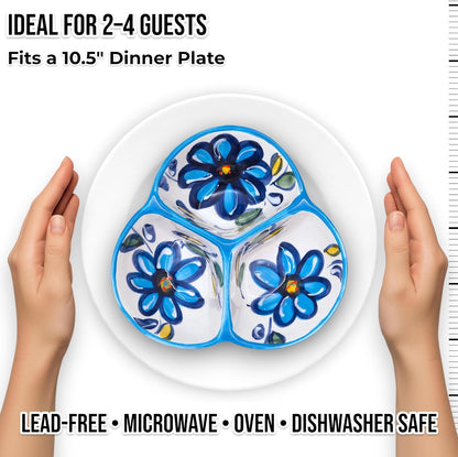 Ceramic Chip & Dip Bowl 7.5”, 3-Compartment Divided Serving Dish & Condiment Tray for Appetizers – Handmade in Spain, Lead-Free Glaze, Microwave, Oven & Dishwasher Safe