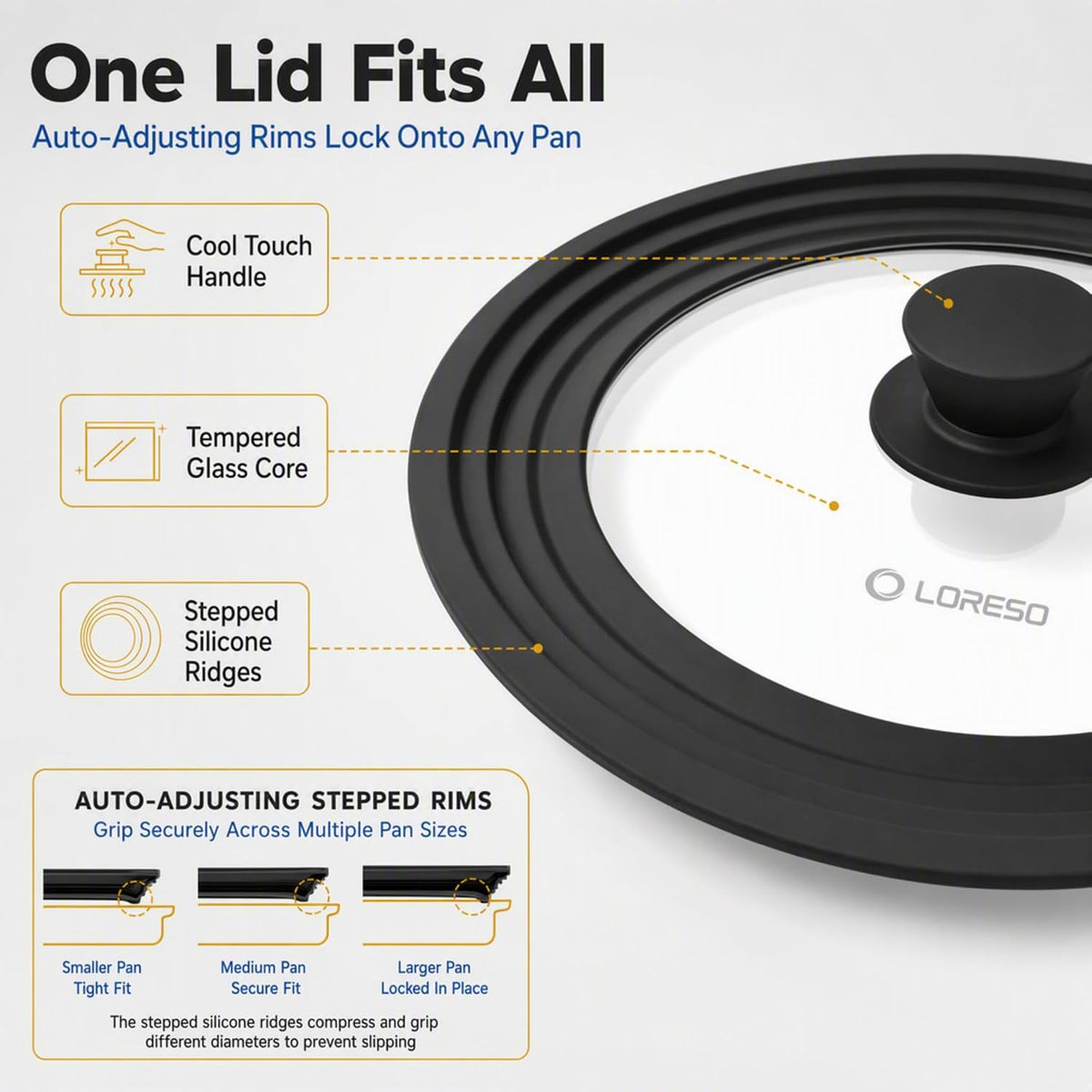 Universal Lid for Pots, Pans & Skillets, 7.5-11.5" Cookware