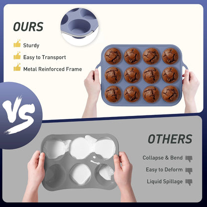 2 Packs 12 Cups Silicone Muffin Pan for Baking with Metal Reinforced Frame Regular Size Cupcake Pan Tray Egg Bites Silicone Cookie Molds Muffin Tin Tart Pans Sheet Set for Oven Dishwasher Safe