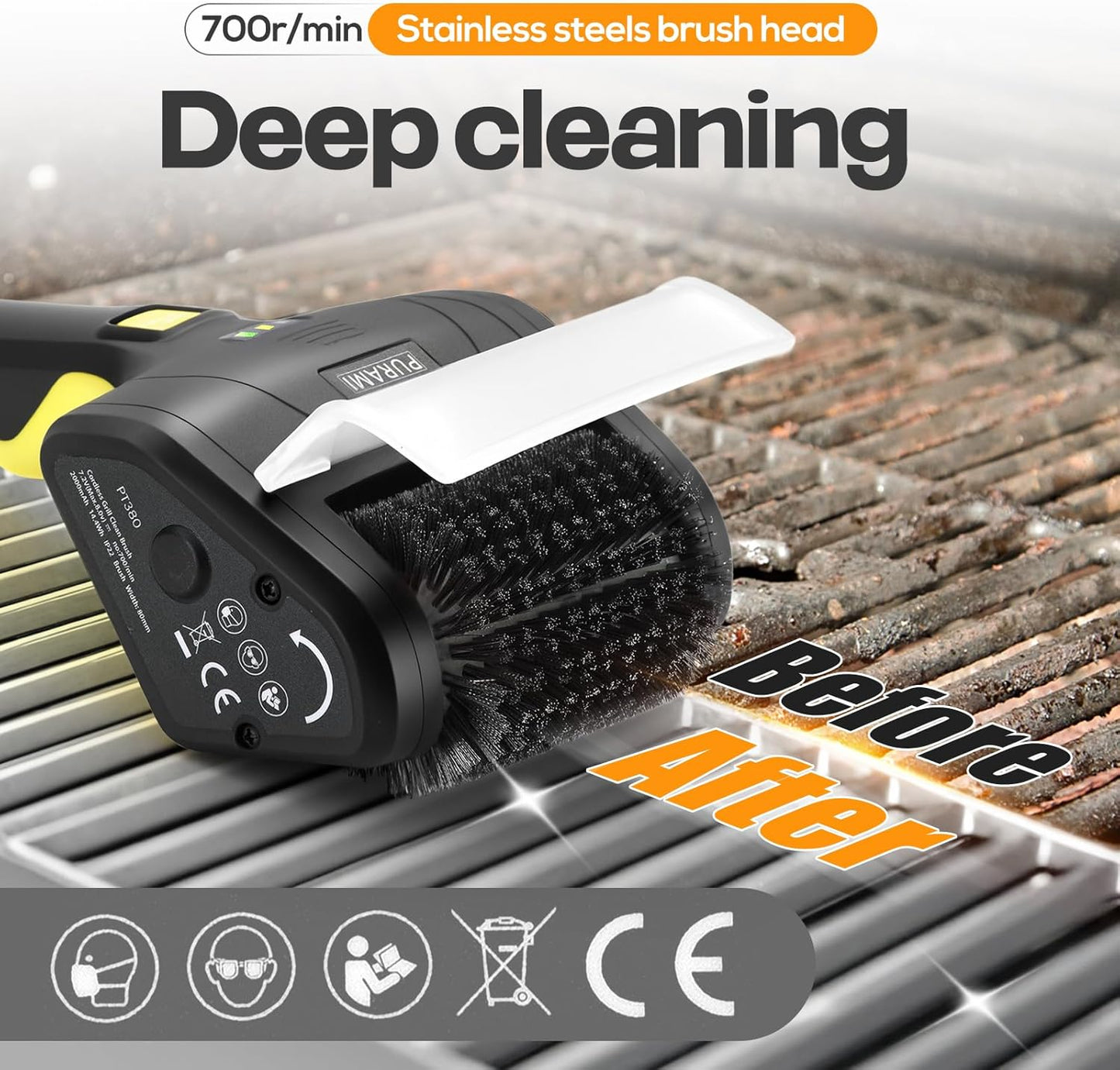 Battery Operated Grill Cleaner PURAMI Wireless Outdoor 360° Rotating Electric Grill Brush, Rechargeable Lithium 8V 700r/min Heavy Duty BBQ Accessories Scrubber