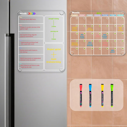 Non-Magnetic Fridge Calendar Set, Reusable Dry Erase Monthly Weekly Planning Boards, Transparent Chore Chart Sticks to Wall, Glass, Door, Any Smooth Surfaces(Month+Week+List)