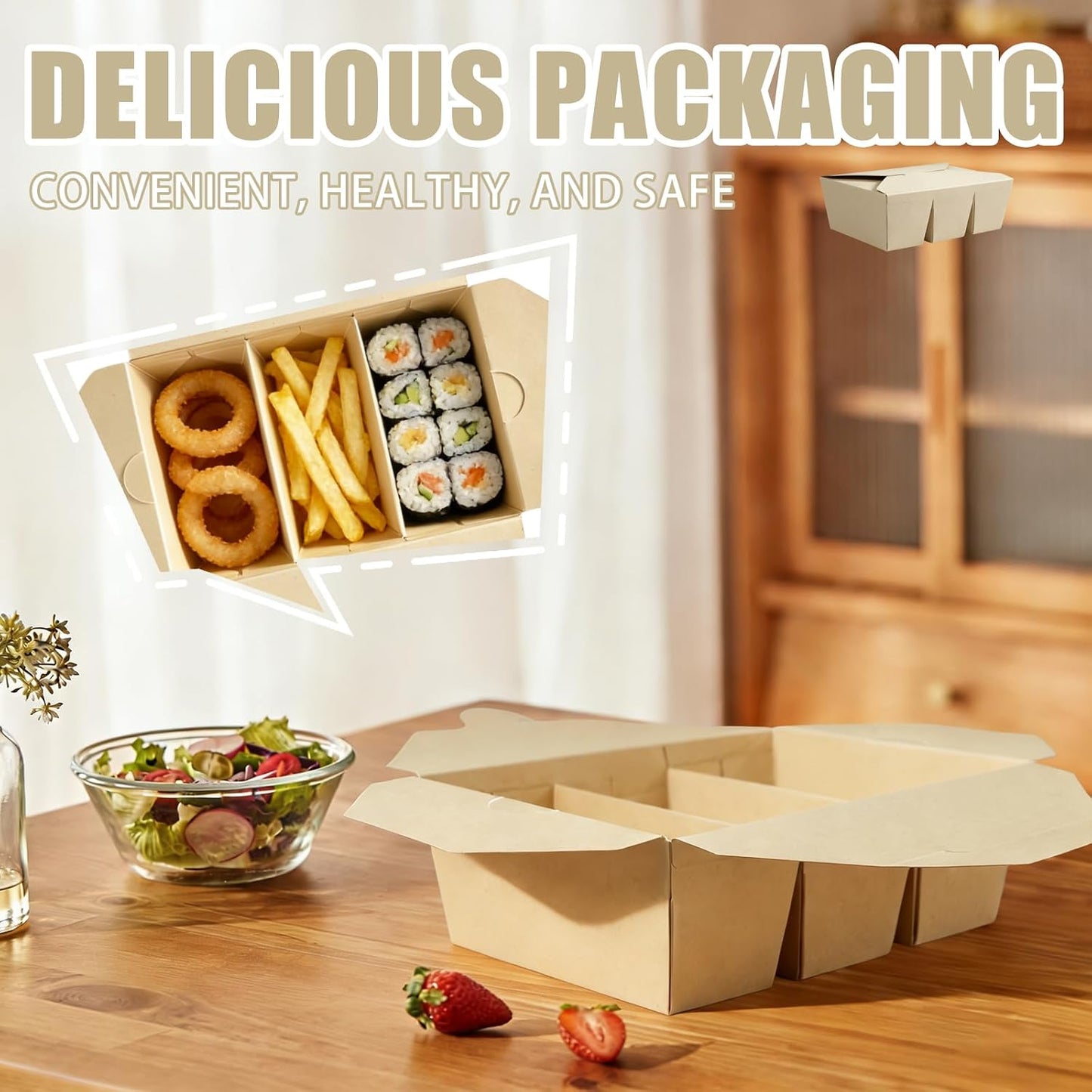 30 Pack 3 Compartment Take Out Food Containers, 7.5x5.4x2.6" Bamboo Pulp Paper Take Out Boxes, Disposable To Go Container Take Out Containers, Greaseproof Paper Bento Box Takeout Lunch Boxes with Lid