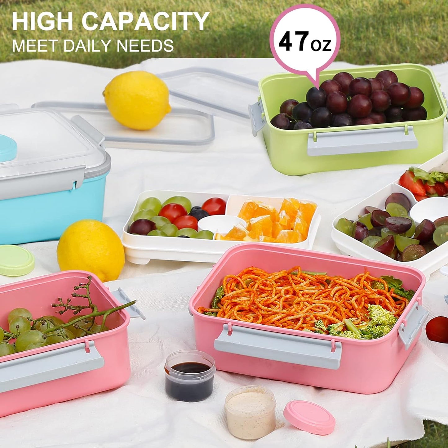 3 Pack Salad Lunch Box Food Storage Containers, 47oz Bento Box To Go Container with Lids, Reusable Meal Prep Containers with Removable Tray & Dressing Pots for Kids and Adults, Microwave Safe