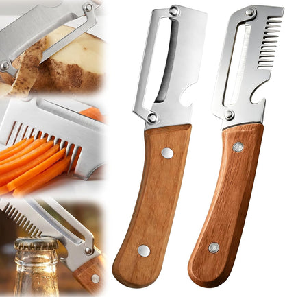 2026 Upgrade Vegetable Peeler and Julienne Peeler Set, Stainless Steel Vegetable Peelers for Kitchen with Wood Handles and Bottle Opener, 2-Pcs Multifunctional Vegetable Peeler Set