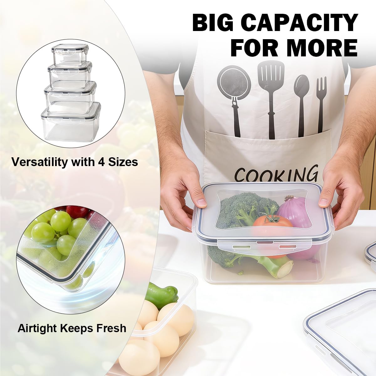 4 Pcs Food Storage Containers with Lids Airtight, 4 Sizes Sets(74oz+40.5oz+20oz+10oz), Plastic Meal Prep Containers, Dishwasher & Microwave & Refrigerator Safe, for Meal Prep & Freezer, Rectangular