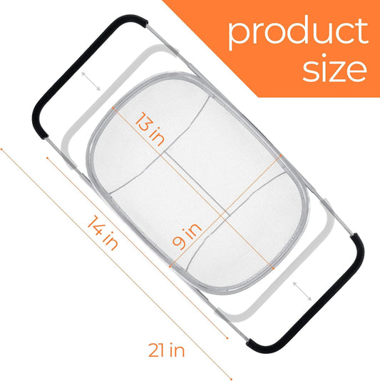 Expandable Strainer Over The Sink Colander - Premium 6 Quart Oval Fine Mesh Stainless Steel Colander Over the Sink with Rubber Grip Handles - Large Sink Strainer Basket for Kitchen Sink