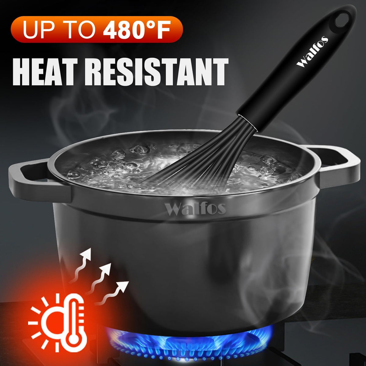 Walfos Silicone Whisk,Stainless Steel Wire Whisk -Heat Resistant 480°F Kitchen Whisks for Non-stick Cookware,Balloon Egg Beater Perfect for Blending,Whisking,Beating,Frothing & Stirring,Black