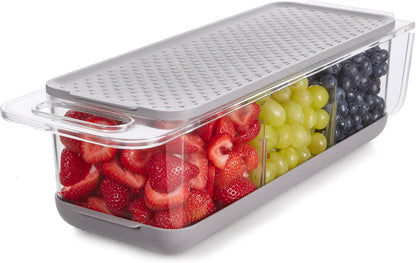 Copco Over the Sink Colander Fridge Storage Bin with Lid - Refrigerator Organizer for Fruits Vegetables Produce - Clear Design with Built-In Handles, Removable Drain Cover