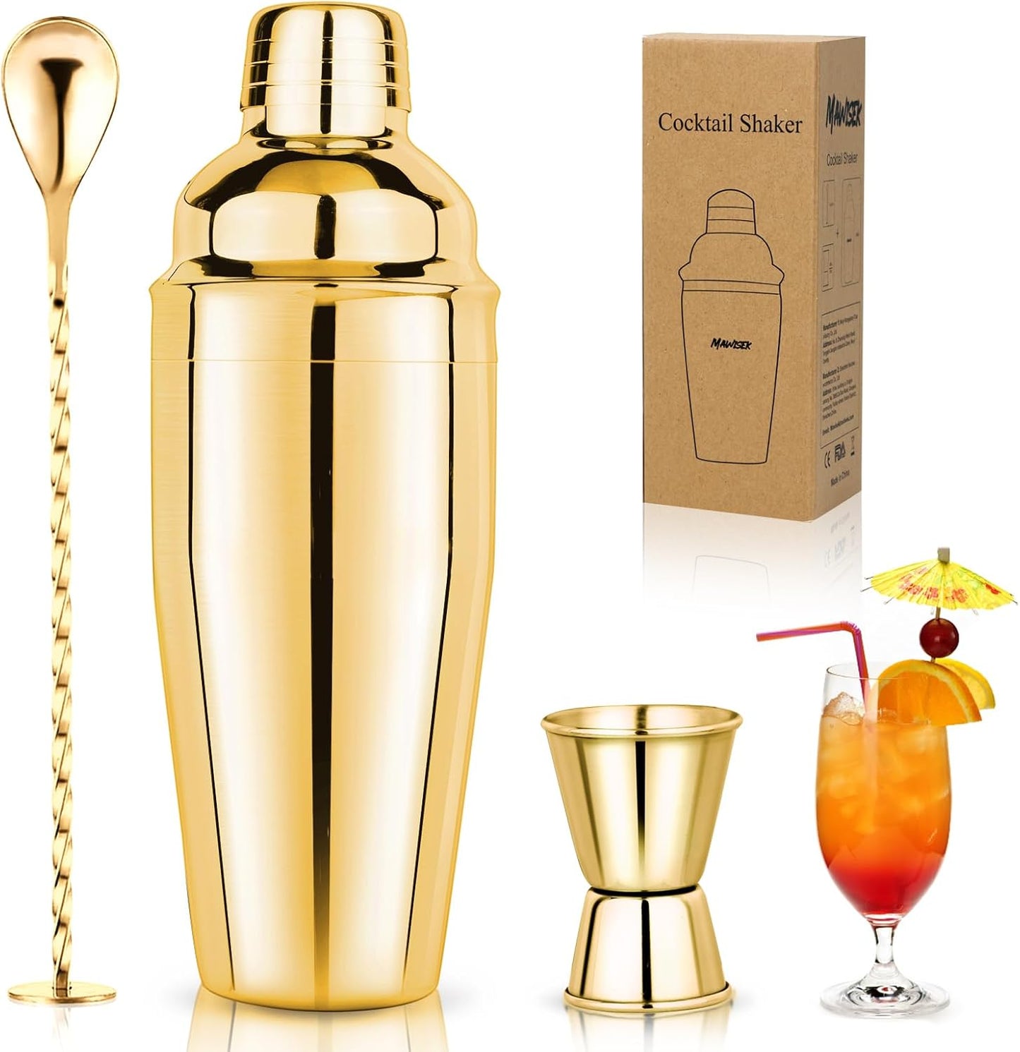 24oz Cocktail Shaker Set Martini Shaker Set Bartender Set with Margarita Mixer Drink Shaker, Measuring Jigger and Mixing Spoon - Professional 18/8 Stainless Steel Bar Tools for Mixed Drinks