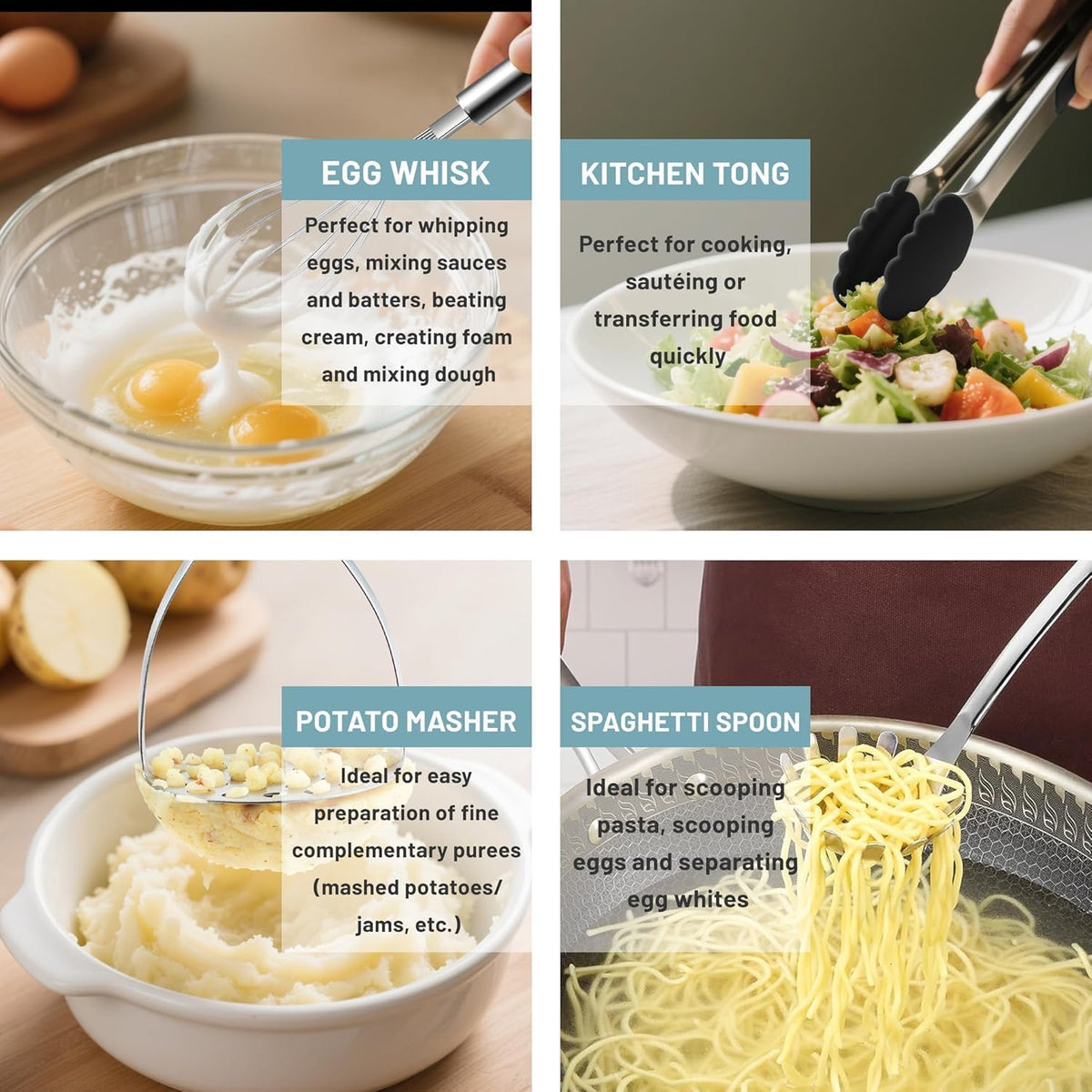 Pleafind 𝟑𝟑% 𝐎𝐅𝐅 Cooking Utensils Set - 4 Pcs Stainless Steel Kitchen Utensils Set with Solid Turner, Slotted Turner, Serving Ladle, Slotted Spoon, Wok Utensils Set with Heat Resistant Handle
