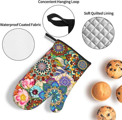 Boho Floral Oven Mitts and Pot Holders Sets of 3, Cute Baker Stuff