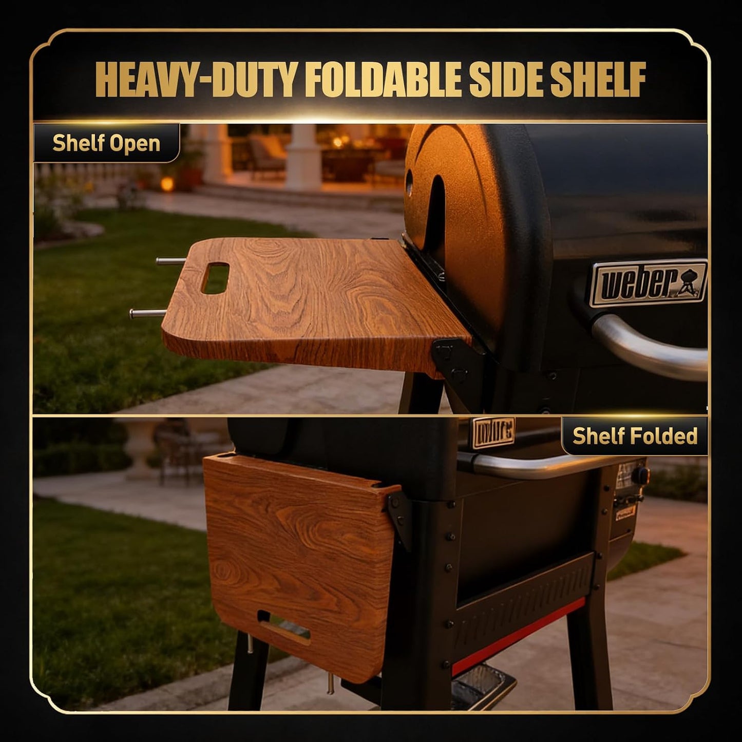 QuliMetal Folding Front Shelf for Traeger Pro 34, Texas Elite 34, Century 885 and Eastwood 34, 37" x 12" Heavy-Duty Grill Prep Table with Cutting Board, Stainless Steel Basin, Lid and 5 Hooks
