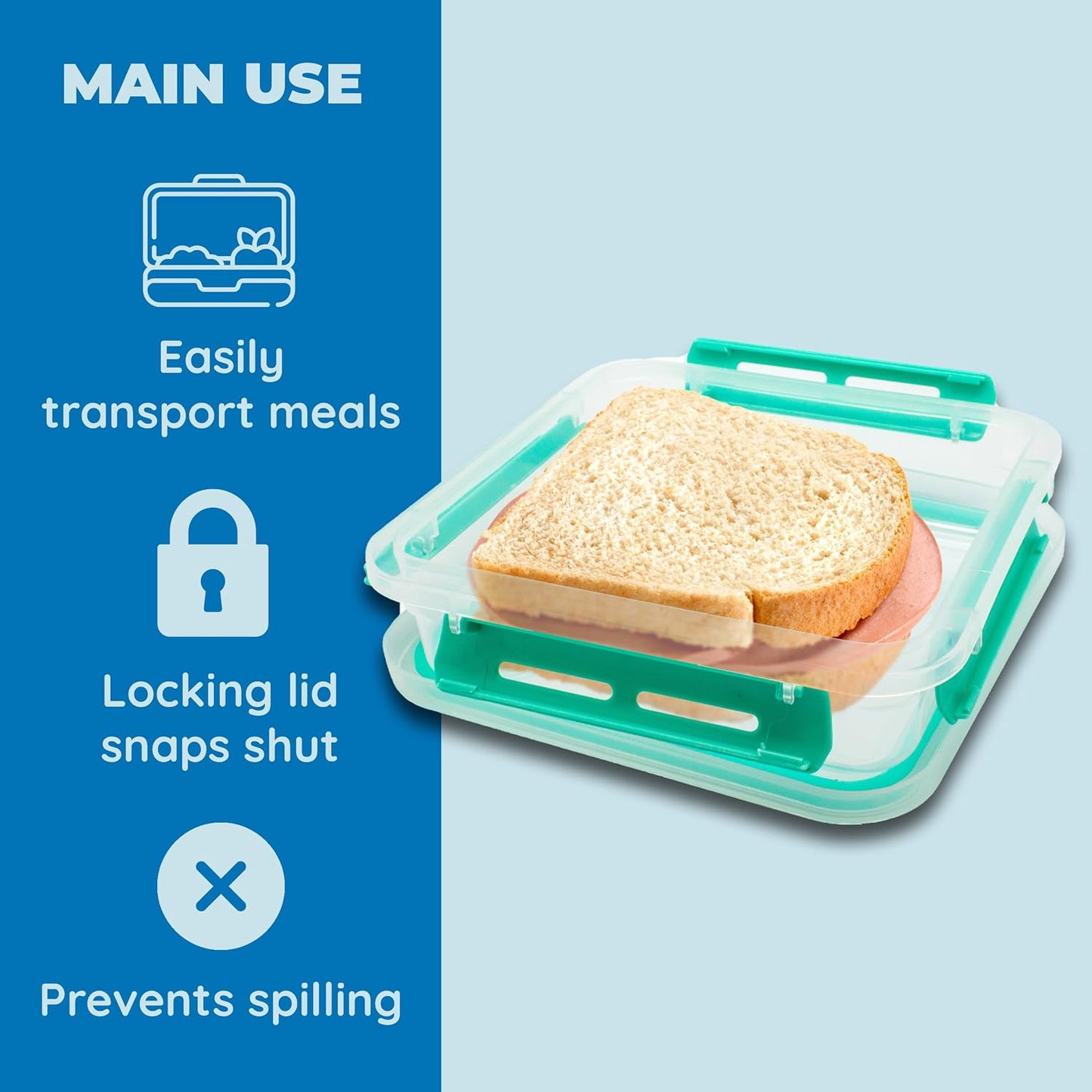 Biosmart Sandwich Container: 3 Pack Reusable, BPA Free Plastic Food Storage with Snap-Off, Leak-Proof Lid
