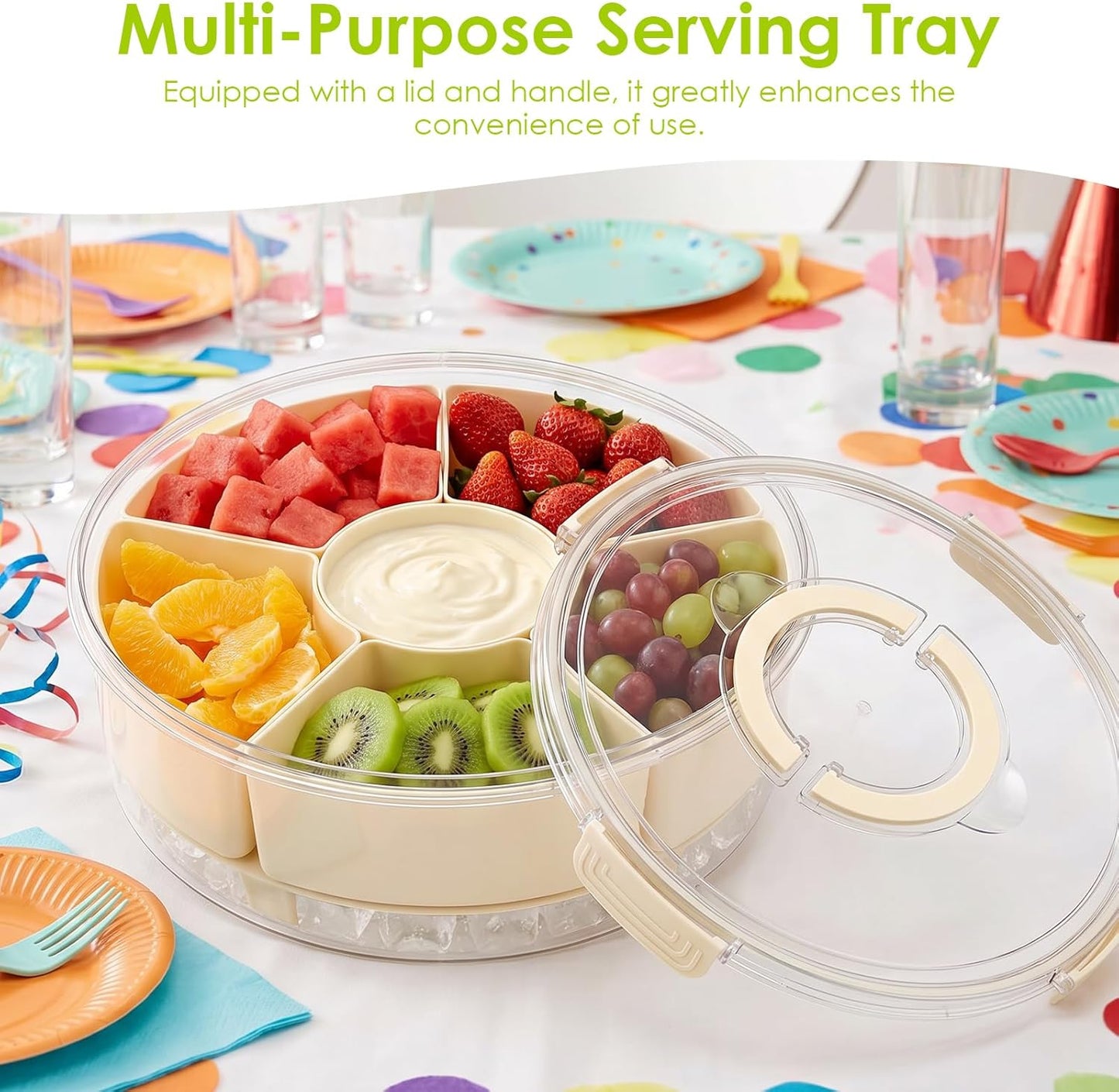 Snack Box Container with Ice Chill Base, 6 Divided Serving Tray with Lid, Handle, Protable Travel Snackle Box Container, Round Veggie and Fruit Tray for Beach, Travel, Picnic, Camping, Kitchen, Party