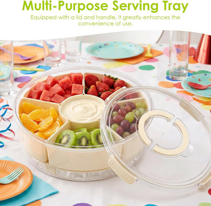 Snack Box Container with Ice Chill Base, 6 Divided Serving Tray with Lid, Handle, Protable Travel Snackle Box Container, Round Veggie and Fruit Tray for Beach, Travel, Picnic, Camping, Kitchen, Party