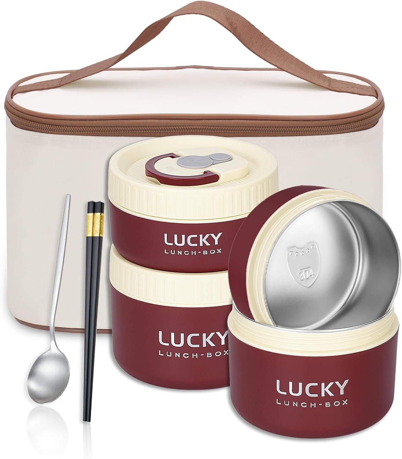 3 Compartments Bento Lunch box with Soup Bowl, Insulated Lunch Bag and Portable Utensils, Stainless Steel Camera Lunch Containers，Leak Proof Bento Box for Kids Adults Men Women…