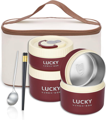 3 Compartments Bento Lunch box with Soup Bowl, Insulated Lunch Bag and Portable Utensils, Stainless Steel Camera Lunch Containers，Leak Proof Bento Box for Kids Adults Men Women…