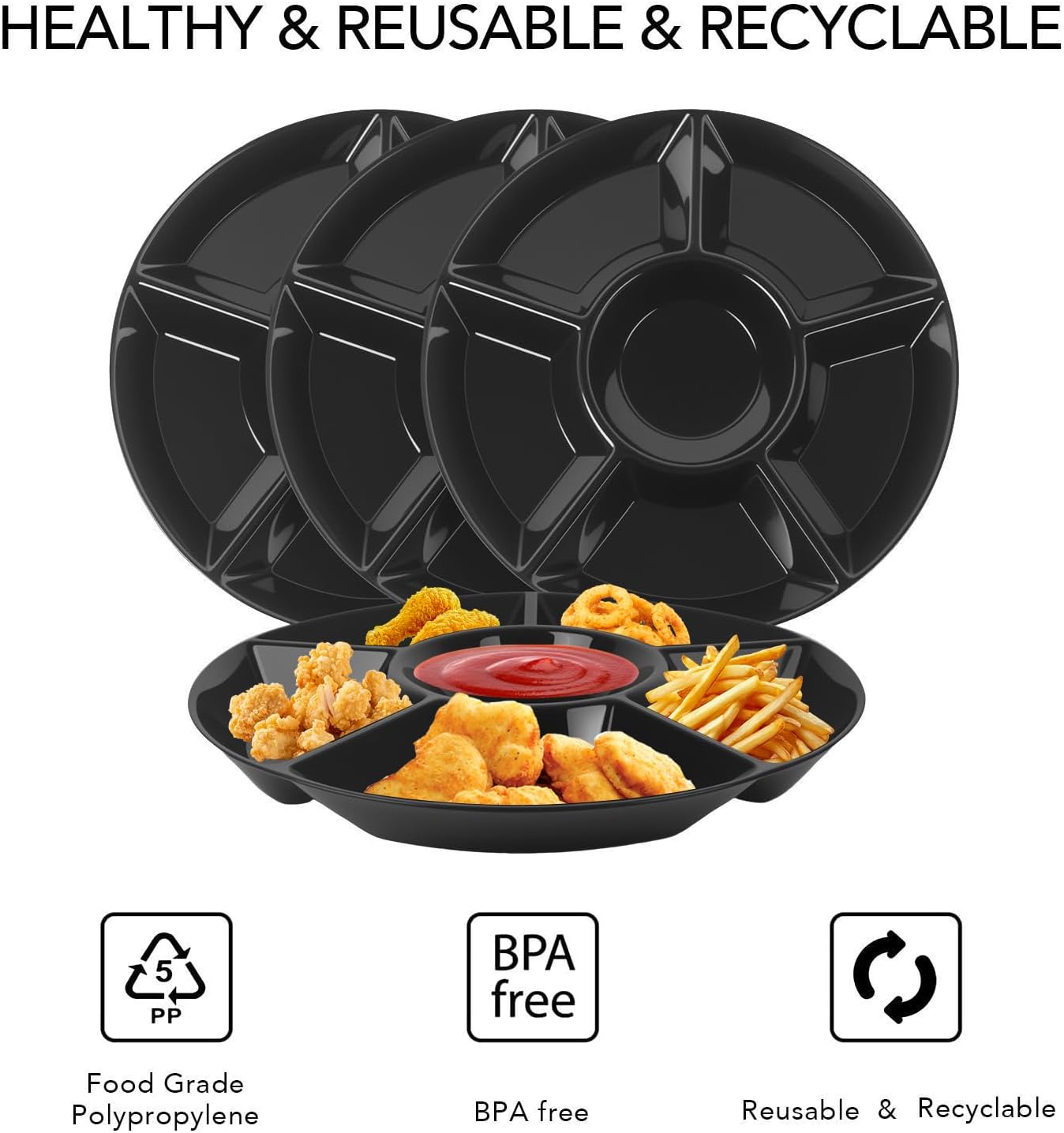 4 Pcs 12.4" Large Divided Serving Trays for Party Supplies, 6 Compartments Round Plastic Platters for Serving Food, Unbreakable Reusable Trays for Snack, Veggie, Fruit, Candy, White