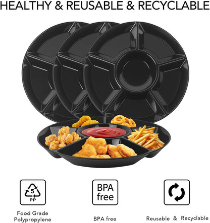 4 Pcs 12.4" Large Divided Serving Trays for Party Supplies, 6 Compartments Round Plastic Platters for Serving Food, Unbreakable Reusable Trays for Snack, Veggie, Fruit, Candy, White