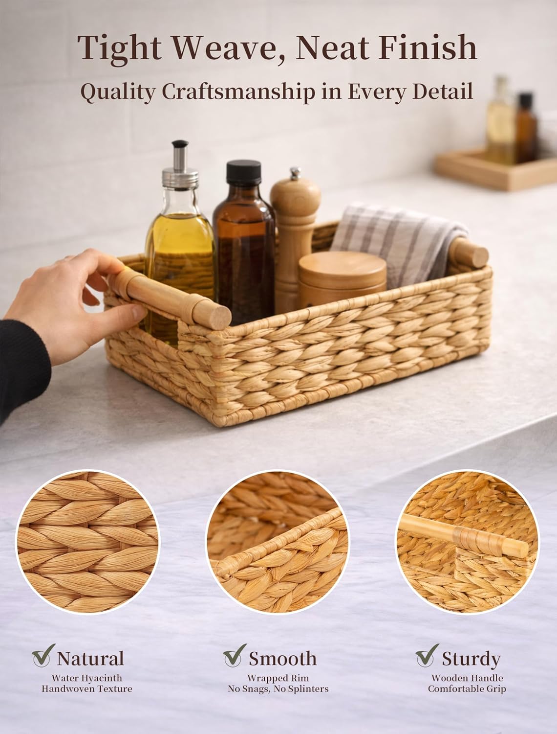 Water Hyacinth Wicker Basket, 13.39*9.45*4.65 Inch Woven Basket with Handles, Wooden Handles Wicker Storage Basket, Rattan Basket for Decorative Baskets, Pantry, Shelves, Gift, Toys - Medium