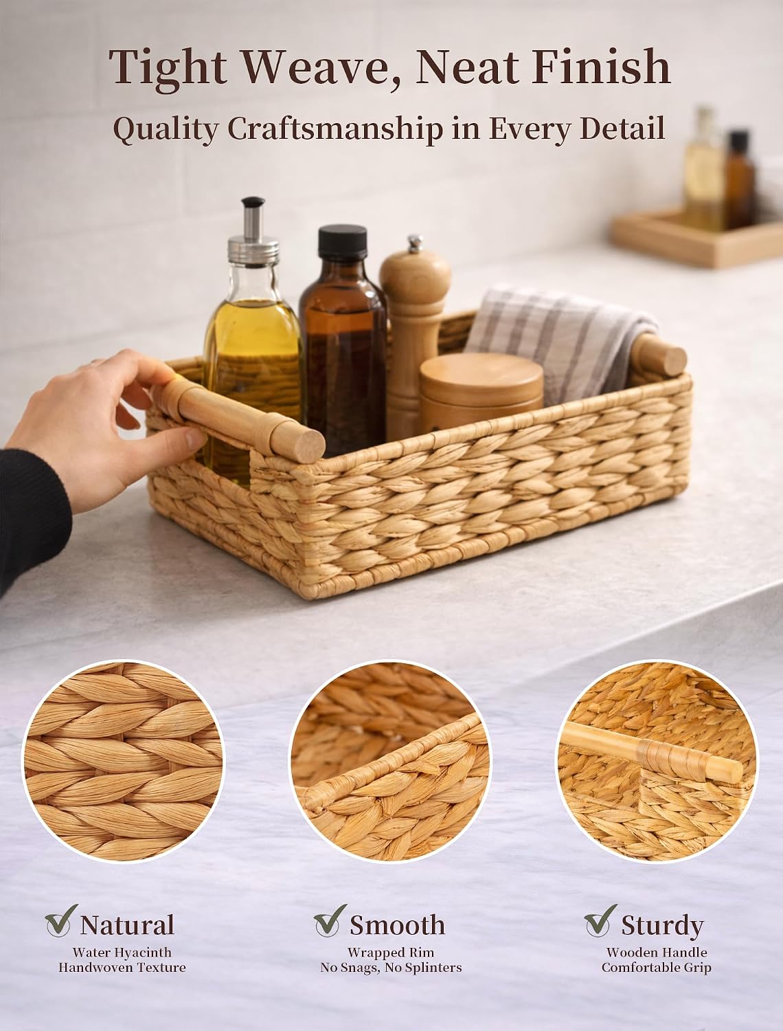 Water Hyacinth Wicker Basket, 13.39*9.45*4.65 Inch Woven Basket with Handles, Wooden Handles Wicker Storage Basket, Rattan Basket for Decorative Baskets, Pantry, Shelves, Gift, Toys - Medium