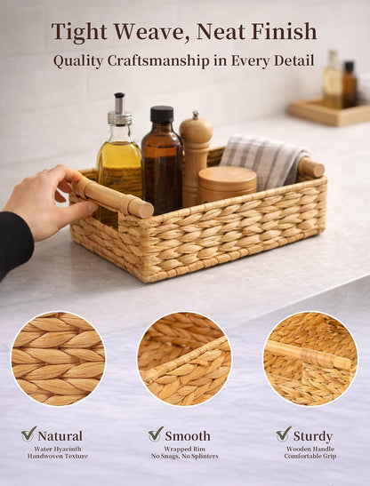 Water Hyacinth Wicker Basket, 13.39*9.45*4.65 Inch Woven Basket with Handles, Wooden Handles Wicker Storage Basket, Rattan Basket for Decorative Baskets, Pantry, Shelves, Gift, Toys - Medium