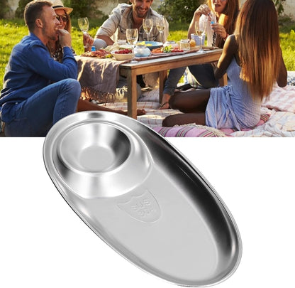 Tissting 304 Stainless Steel Chip Dip Platter Silver Oval Divided Spice Dish Snack Plate for Dip, Appetizers, Snacks, Veggies, Chips, Two Compartment Serving Tray,for Home Outdoor Camping(S-7.9in)