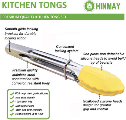 HINMAY Mini Stainless Steel Food Tongs with Silding Rings 7-Inch, Set of 6 | Small Clam Shell Service Tongs for Serving Appetizers, Desserts, Salads, Barbecue and Cooking (Silver)